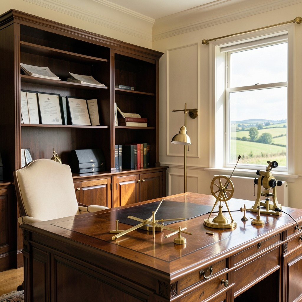 Bureau du cabinet Meadowcore avec instruments de mesure et ouvrages juridiques