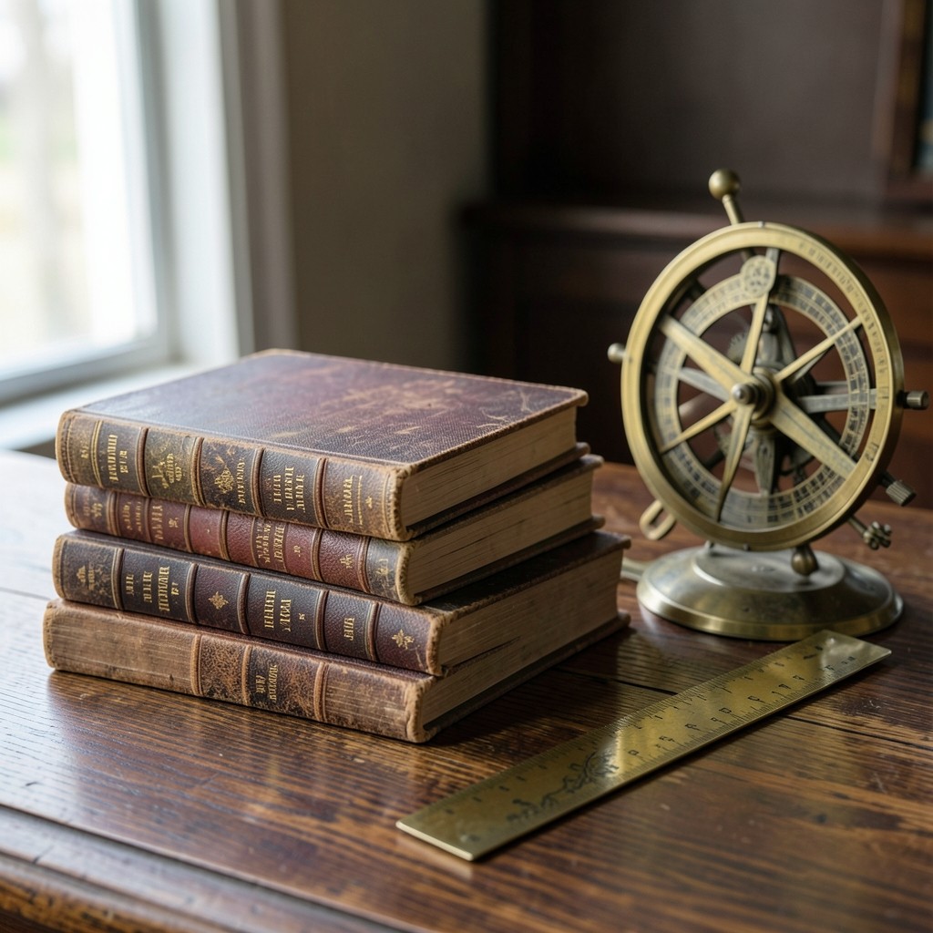 Ouvrages juridiques et instruments de mesure sur un bureau en bois sombre